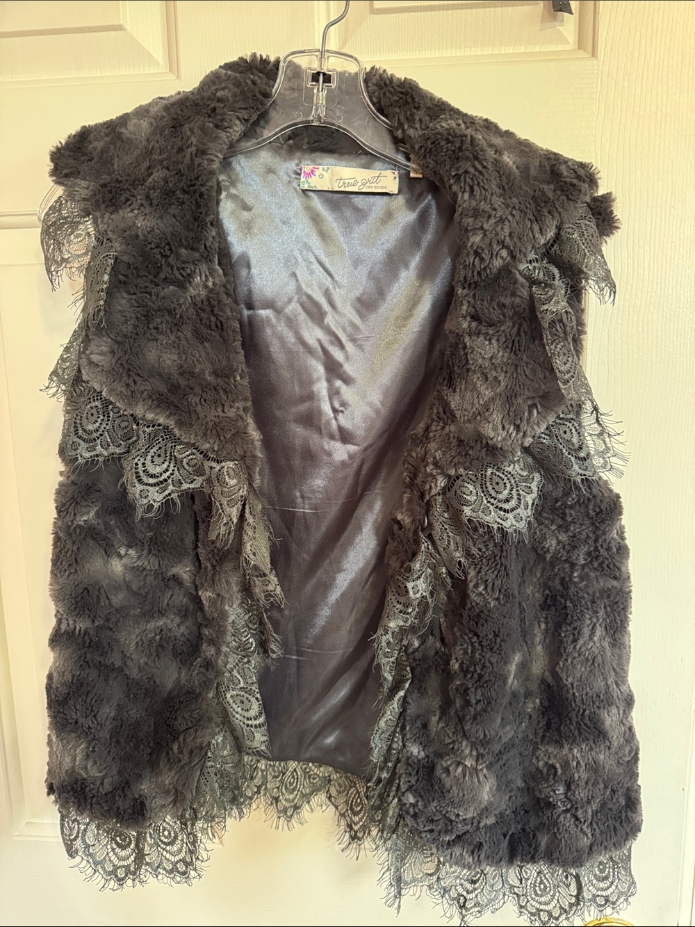 Dry Goods Black Faux Fur Vest with Lace Trim